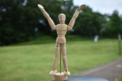 Low angle view of person on wood in park