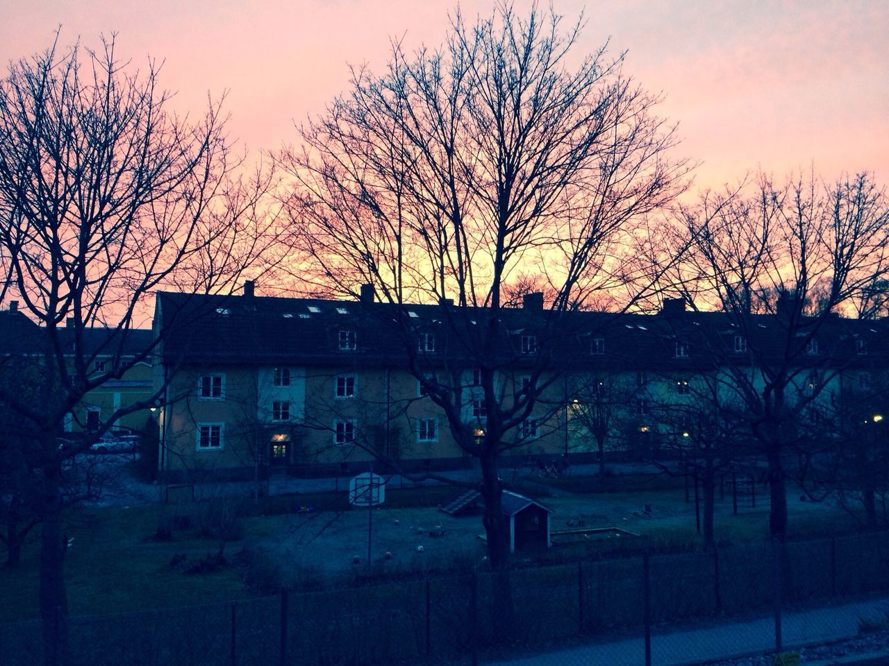 bare tree, tree, built structure, sunset, architecture, building exterior, silhouette, branch, sky, dusk, outdoors, city, no people, nature, clear sky, orange color, house, railing, low angle view, street light