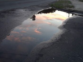 Reflection of sky on puddle