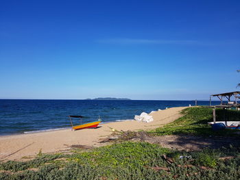 Scenic view of sea against clear blue sky