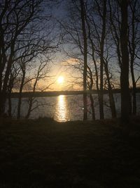 Silhouette bare trees by lake against sky during sunset