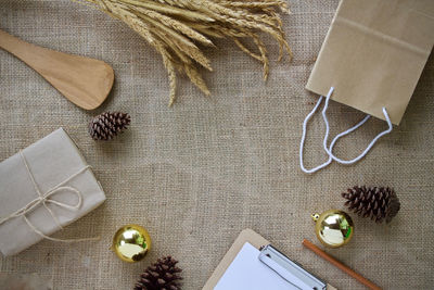 High angle view of christmas decoration on table