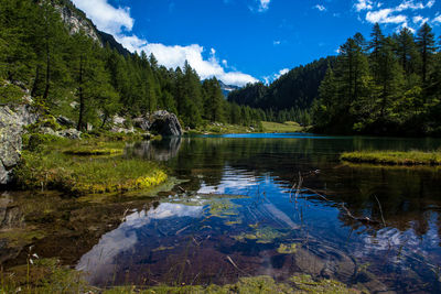 Scenic view of lake against cloudy sky