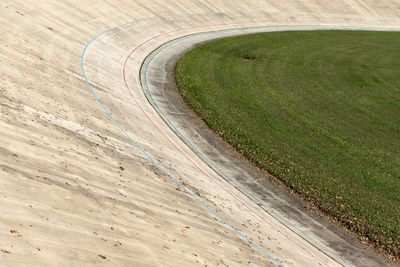 High angle view of outdoor velodrome, concrete bicycle racing track