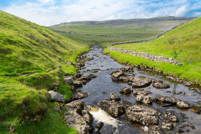 Scenic view of stream flowing amidst land against sky