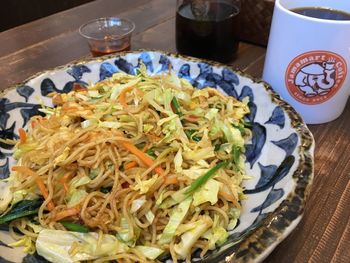 High angle view of food in plate on table