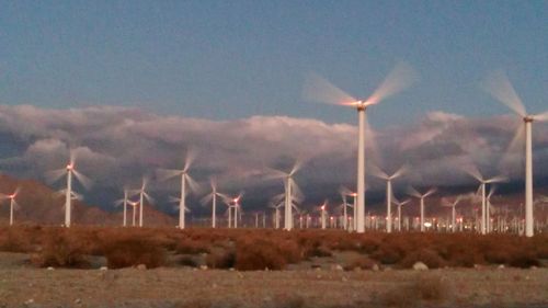 Wind turbines in field