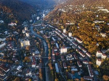Russia, krasnodar krai, sochi, aerial view of khosta district in autumn
