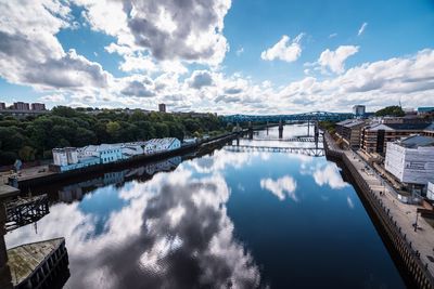 High angle view of reflection in lake against sky