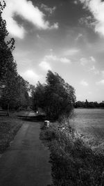 Road amidst trees on field against sky