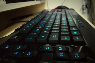 Close-up of illuminated computer keyboard