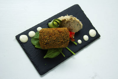 High angle view of dessert in plate on table