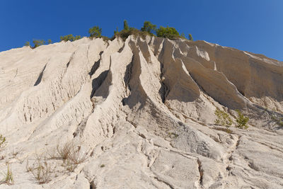 Low angle view of rocks on land against clear blue sky