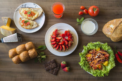 High angle view of breakfast served on table