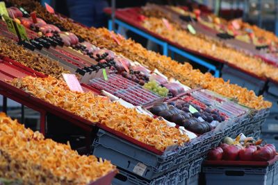 High angle view of food for sale at market stall