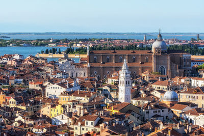 Venice city viewed from campanile di san marco in san marco plaza in venice, italy.