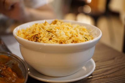 Close-up of noodles in bowl on table