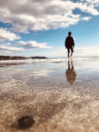 Rear view of man walking on beach