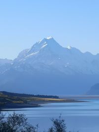 Scenic view of snowcapped mountains against clear sky