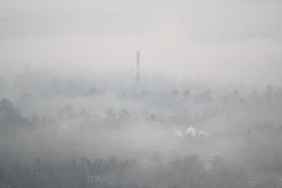 Scenic view of trees against sky during foggy weather