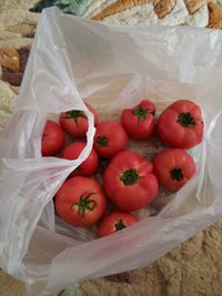 High angle view of tomatoes in plastic container