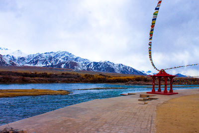 Scenic view of lake against cloudy sky