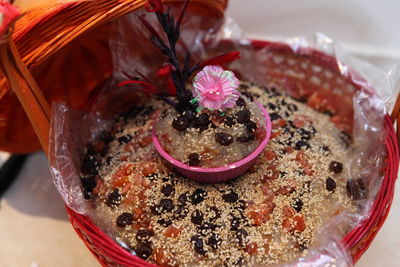 High angle view of cake in bowl on table