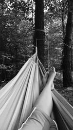 Low section of person relaxing on hammock at forest