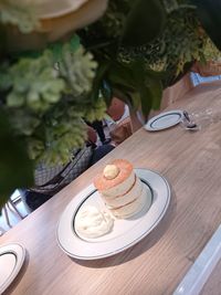 High angle view of cake in plate on table