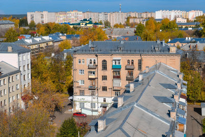 High angle view of street amidst buildings in city