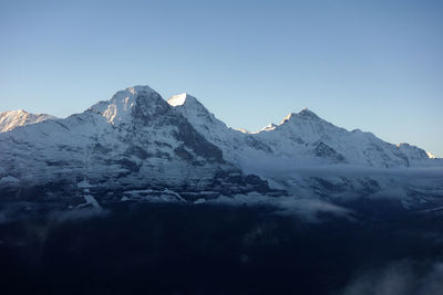 Scenic view of snowcapped mountains against clear sky