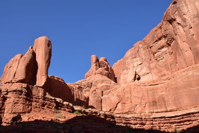 Low angle view of rock formations against blue sky