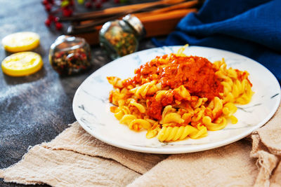 Close-up of meal served on table