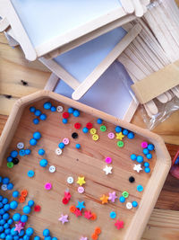 High angle view of toys on table