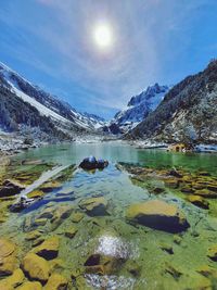 Scenic view of lake and snowcapped mountains against sky