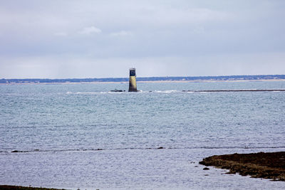 Lighthouse on sea against sky