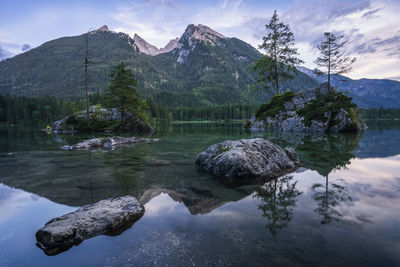 Scenic view of lake and mountains against sky