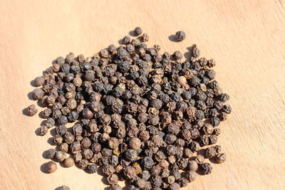 High angle view of coffee beans on table