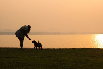 Rear view of man with dogs on field against sky during sunset