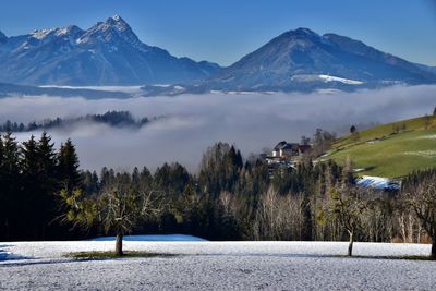 Scenic view of foggy valley with trees and snowcapped mountains against sky