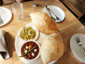 High angle view of breakfast served on table