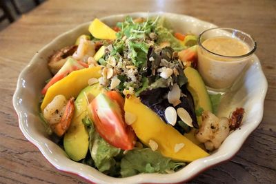 High angle view of salad in plate on table