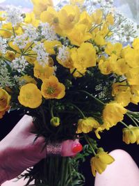 Close-up of hand holding yellow flowers