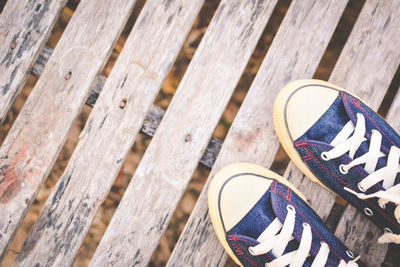 High angle view of shoes on wood