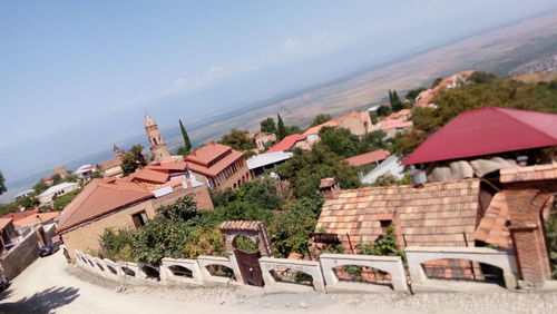 High angle view of residential district against sky