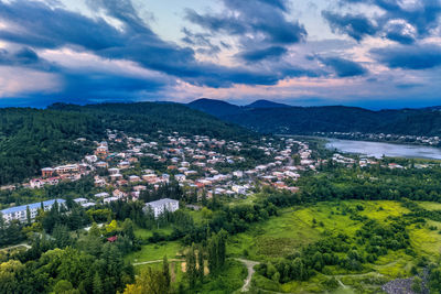 Aerial view of townscape and trees against sky