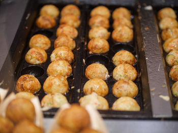 High angle view of meat in cooking pan