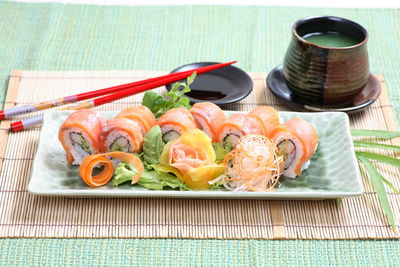 High angle view of various food on table