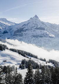 Scenic view of snow covered mountains against sky