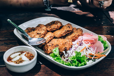 High angle view of food in plate on table